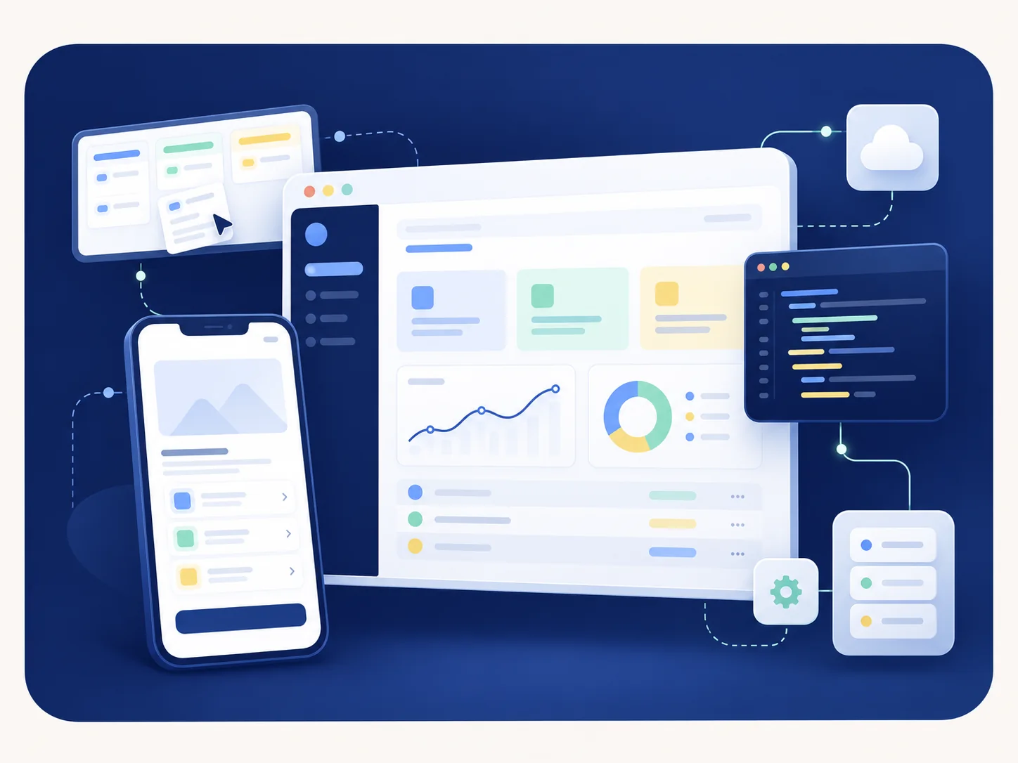 Minh họa dịch vụ phát triển phần mềm theo yêu cầu, web app và mobile app của Stacks