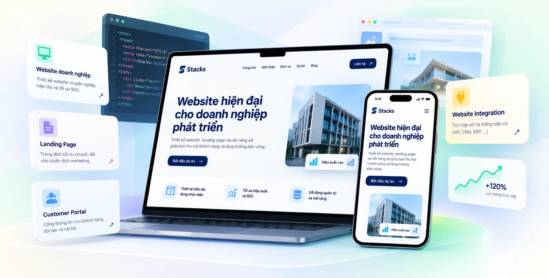 Minh họa dịch vụ thiết kế website doanh nghiệp, landing page và nền tảng số Stacks